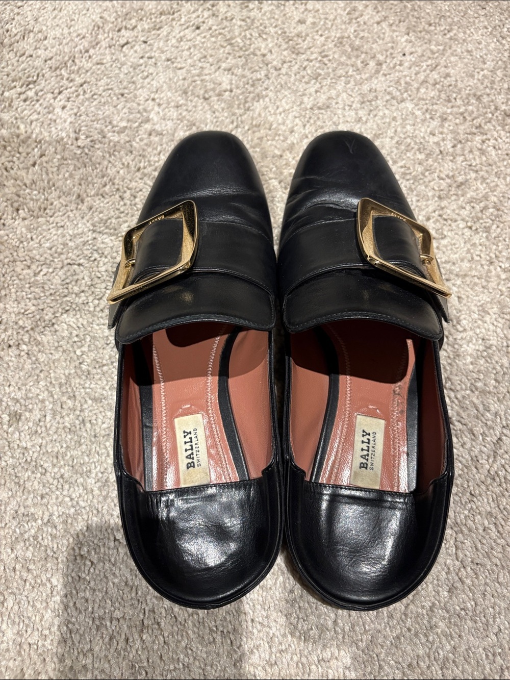 Bally Black Leather Loafers with Gold Buckle